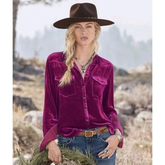 Sundance Cassity Velvet Shirt M Button Down Western Pearl Snap Silk Blend Rodeo - Picture 4 of 10
